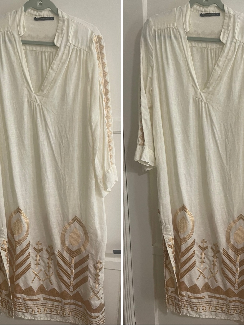 Greek Embroidered V-Neck Midi Dress - Cream with Gold